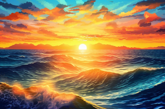 Beautiful sunset over the sea digital drawing