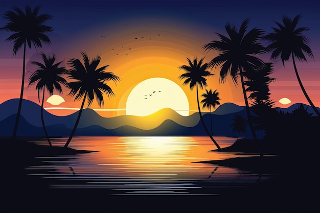 Красивый закат над морем иллюстрации в плоском стиле