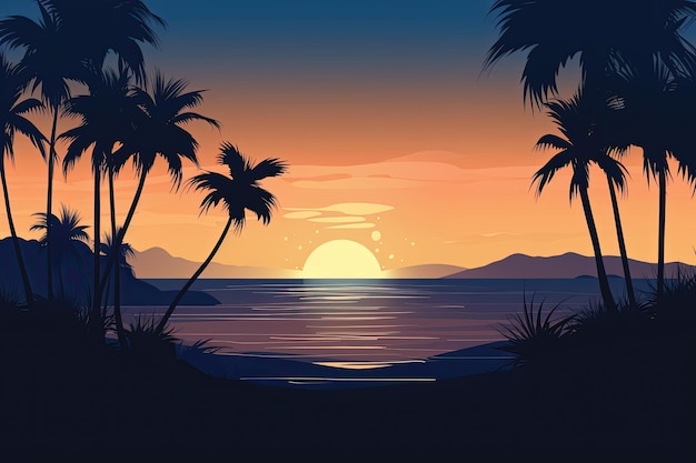 Beautiful sunset over the sea illustration in flat style