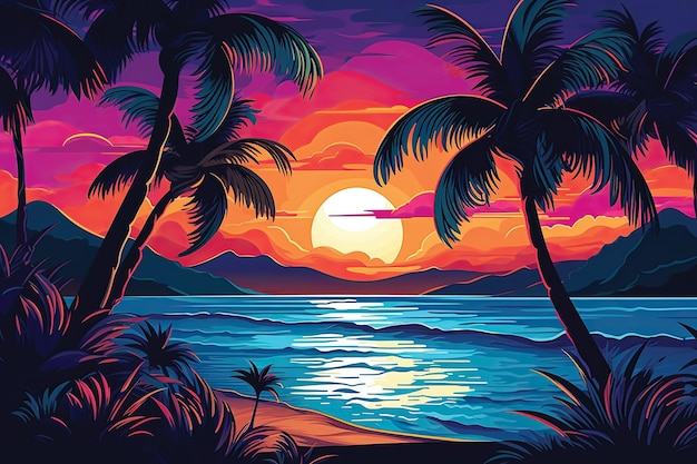 Beautiful sunset over the sea illustration in flat style