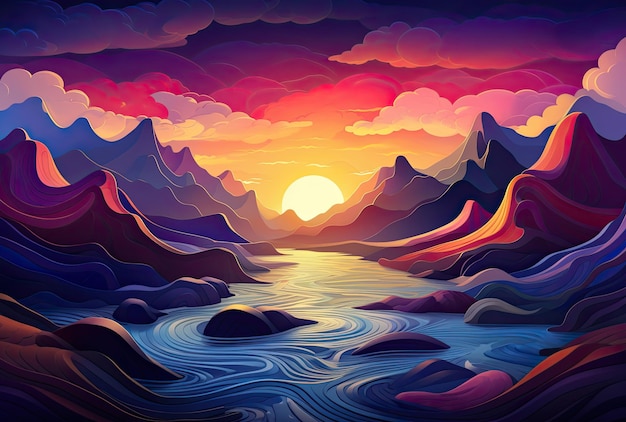 Beautiful sunset over the sea and mountains Colorful vector illustration