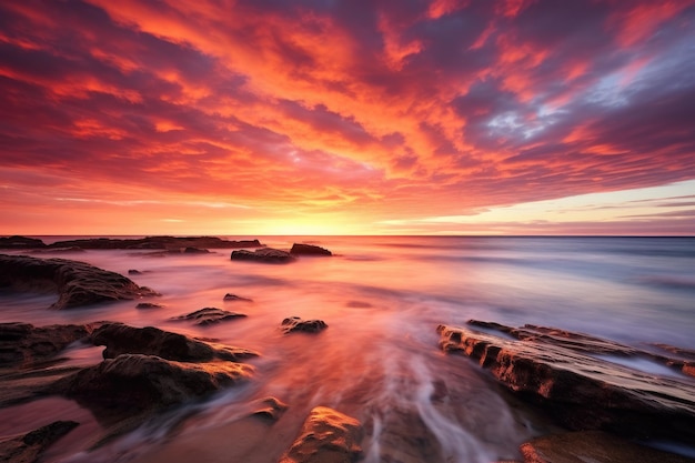 美しい夕暮れ 海の上の自然の構成 長い曝光 太陽が昇るときのオーストラリアの海景と 豊かな赤い色の雲の形成 アイが生み出した