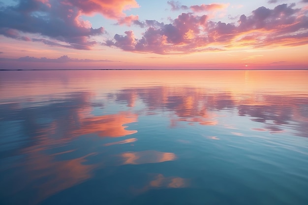Beautiful sunset on sea pastel colors and reflections on water calm nature landscape with colorful clouds and sea Environment natural gradient Abstract background