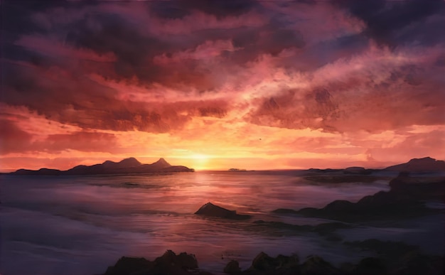 海の美しい夕日海の地平線に沈む夕日素晴らしい夕日が海の波に映る岩の多い海岸に打ち寄せる波