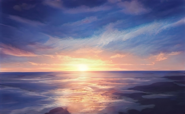 Beautiful sunset in sea sunsets over ocean horizon A fabulous sunset is reflected in the sea waves Surf waves hitting the rocky shore