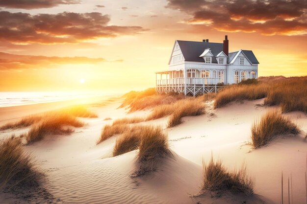 Bellissimo tramonto in mare e villa fronte mare in legno bianco sulle dune di sabbia generative ai