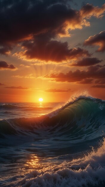 Photo beautiful sunset over sea with ocean wave and evening cloud sky