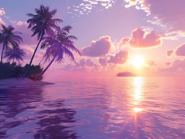 Beautiful sunset over the sea with palm trees 3d render