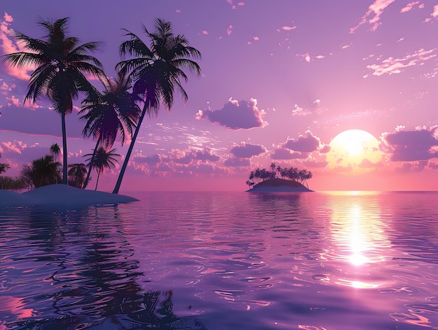 Beautiful sunset over the sea with palm trees 3d render