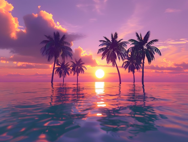 Beautiful sunset over the sea with palm trees 3d render