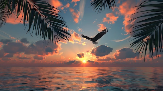 Foto bellissimo tramonto sul mare con le palme render 3d