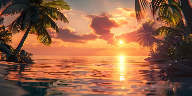 Beautiful sunset over the sea with palm trees Ai generated