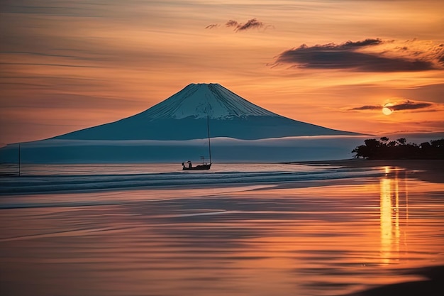 海に沈む美しい夕日海に沈む美しい夕日ビーチでのボートの垂直ショット