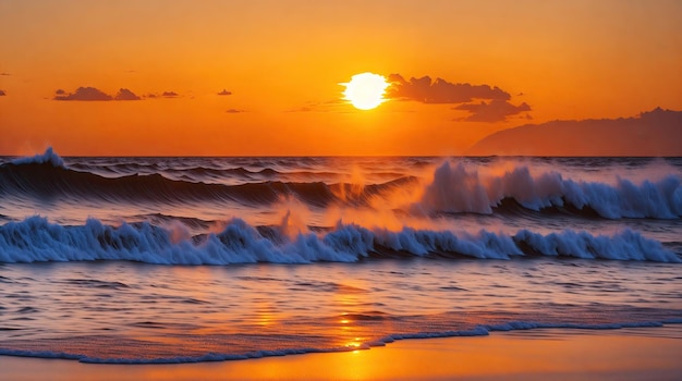 A beautiful sunset over a serene beach with a waves