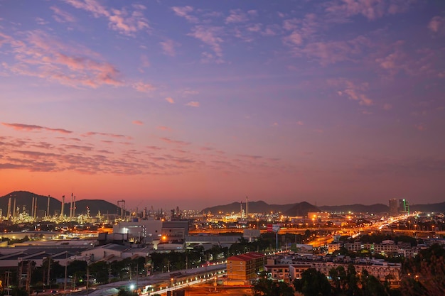 Beautiful sunset sky over city Pattaya Chonburi. Twilight over the urban district. Aerial view. Typical modern residential area.