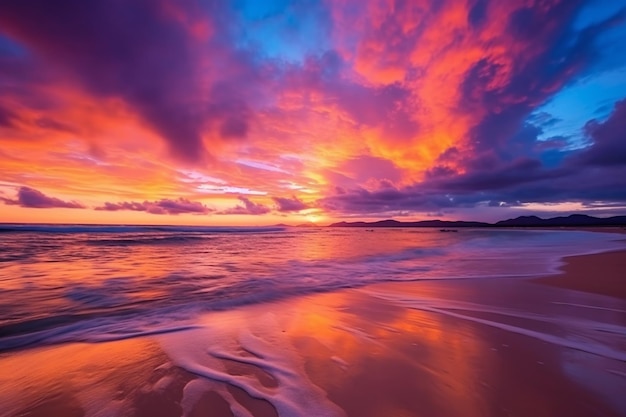 Beautiful sunset sky and ocean beach Generative AI