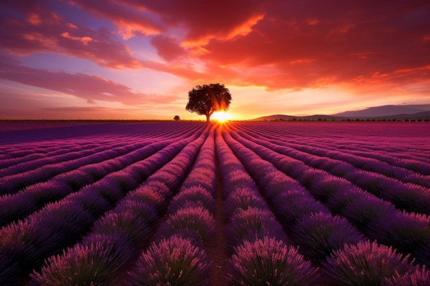 野原に紫色のラベンダーが並ぶ美しい夕焼け空