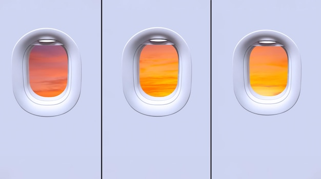 Beautiful sunset sky view inside of 3 windows on white wall in airplane