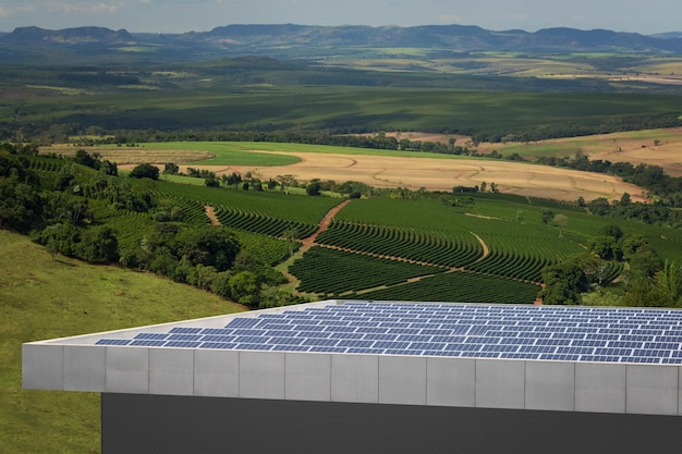 ソーラーパネル太陽光発電会社の建物の農場に沈む夕日。曇りの晴れた空の上のソーラーファーム。