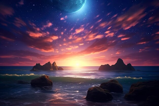 Photo a beautiful sunset over a sparkling ocean and you can already see the stars and galaxies in the sky