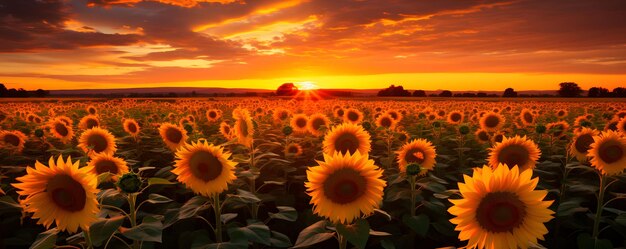 Beautiful sunset over sunflowers field