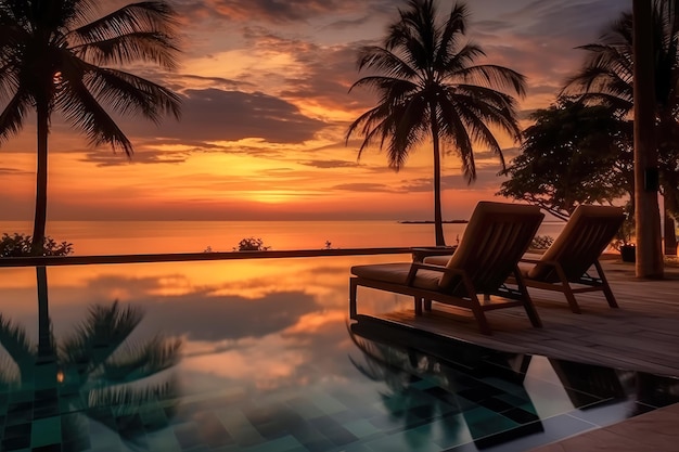 Beautiful sunset swimming pool in hotel resort Silhouette luxury swimming pool with palm trees beach at night sunset time Created with Generate Ai Technology