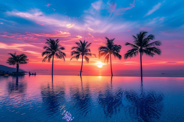 Photo beautiful sunset over the swimming pool with palm trees and sun rays