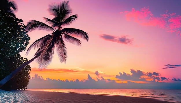 Beautiful sunset tropical beach with palm tree and pink sky