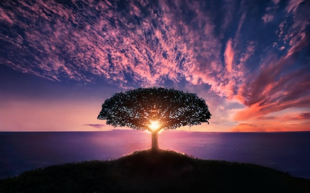 Foto bellissimo tramonto sulla spiaggia tropicale con albero e cielo rosa per viaggi e vacanze in relax