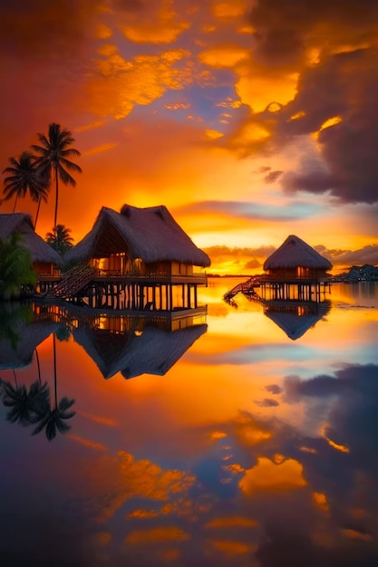 Beautiful sunset over tropical island with palm trees and thatched huts Generative AI