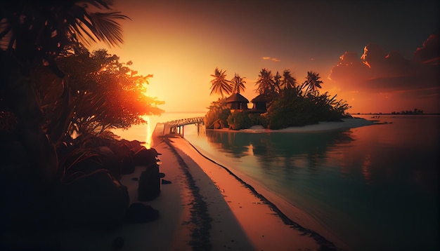 Beautiful sunset on a tropical island with palm treesgenerative ai