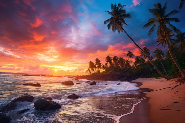 Foto bellissima vista del tramonto sulla spiaggia