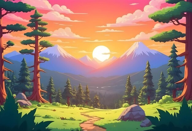 Photo beautiful sunset view in cedar forest in front of sayan mountain range for kids background