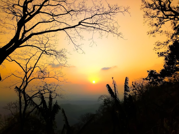 バングラデシュのサジェク渓谷と呼ばれる黄金の空と山の美しい夕日の景色