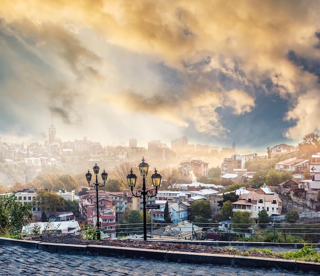 Beautiful sunset view of Tbilisi from Narikala Fortress at sunset