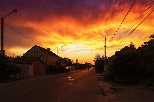 Beautiful sunset in the village Central street Illustration