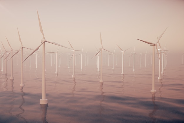 海、海の風力タービンの上の美しい夕日。クリーンエネルギー、風力エネルギー、生態学的な概念。 3Dレンダリング