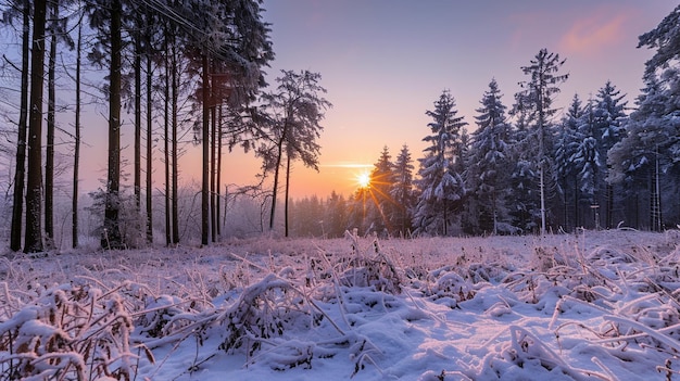 Beautiful sunset at winter forest