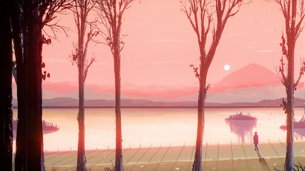 Beautiful Sunset In Winter Illustration hand drawn digital art, digital painting