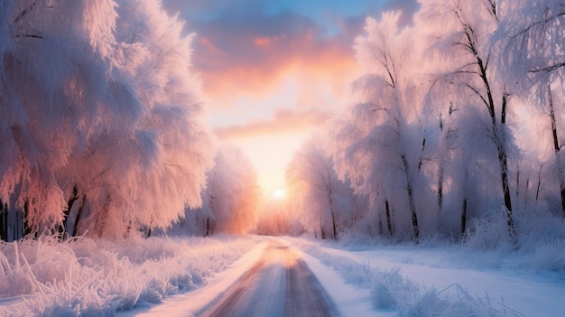 雪で覆われた冬の道路の美しい夕日