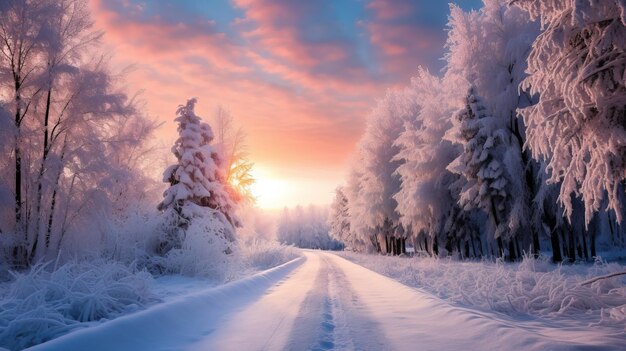 雪で覆われた冬の道路の美しい夕日
