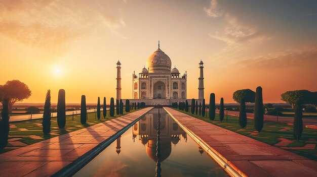 A beautiful sunset with a reflection of a building in the water.