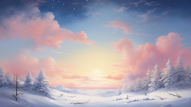 a beautiful sunset with snow covered trees and a pink sky.