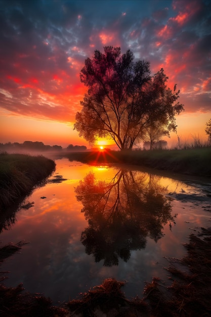 A beautiful sunset with a tree in the foreground.