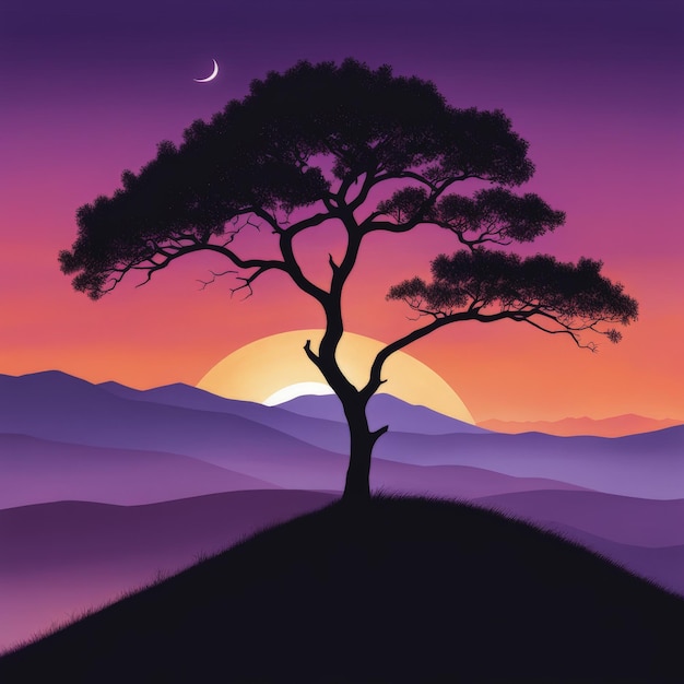 beautiful sunset with tree vector illustration beautiful sunset with tree vector illustrati