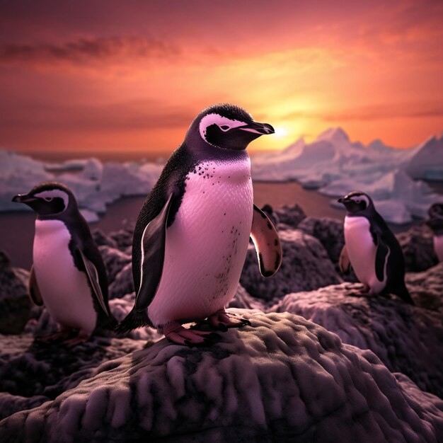 A Beautiful Sunset with Two Penguins Standing on a Snowy Rock AI Generated