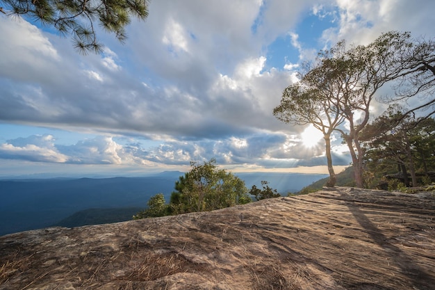 Beautiful Sunset at yeabmek Cliff on Phu Kradueng mountain national park in Loei City ThailandPhu Kradueng mountain national park the famous Travel destination