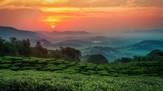 Photo beautiful sunsets at chui fong tea plantation chiang rai province north of thailand