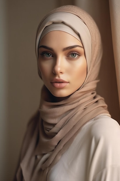 Bella donna top model che indossa l'hijab alla moda alla moda sull'interno luminoso