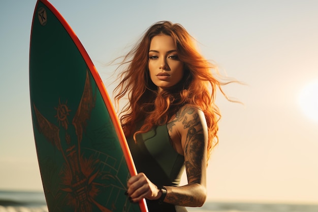 写真 砂浜でサーフボードを持った美しいサーファー女の子 女性サーファー 水上スポーツ